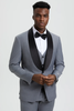 Mens Gray Tuxedo - Grey Wedding Suit-Mens Stacy Adams Vested One Button Shawl Lapel Designer Tuxedo In Grey