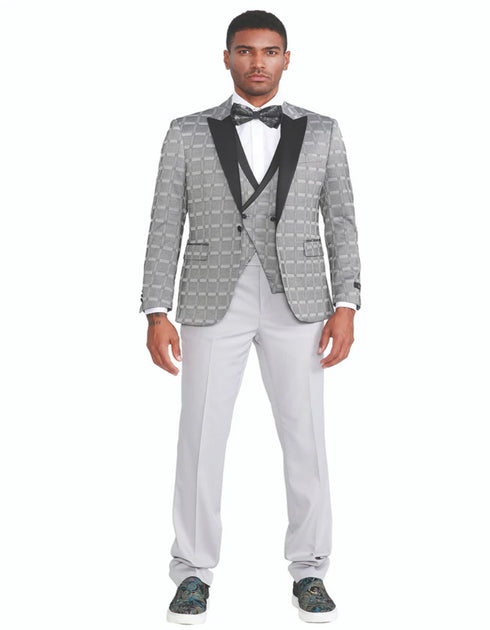 Mens Gray Tuxedo - Grey Wedding Suit-Mens Slim Fit One Button Peak Lapel Tuxedo With Double Brested Vest In Silver Grey Plaid