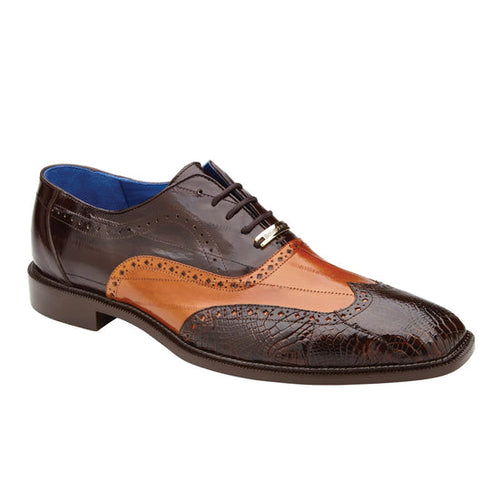 Men's Belvedere Varo American Alligator & Eel Skin Wingtip Dress Shoe in Brown & Camel