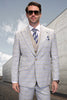 Men's One Button Peak Lapel Wool Vested Suit in Tan Windowpane Plaid