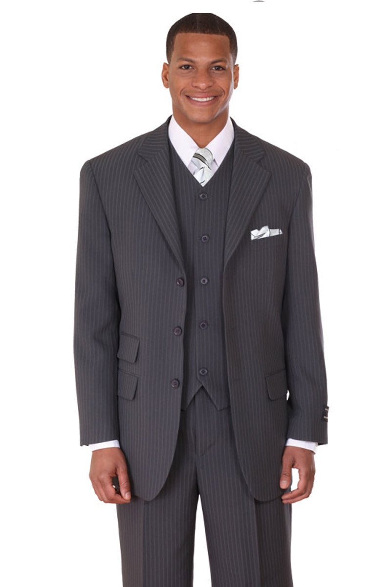 Mens Three Piece Suit - Vested Suit Mens Black Pinstripe 2-Button Vested Suit