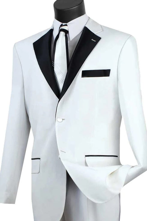 All White Mens Tuxedo - Wedding Suit - Mens 2 Button Contrast Notch Lapel Tuxedo In White
