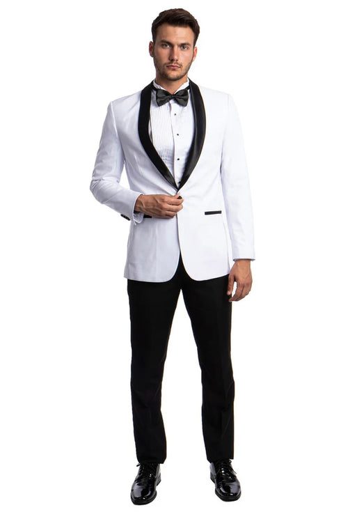 All White Mens Tuxedo - Wedding Suit - Men's Skinny Fit One Button Shawl Prom Tuxedo In White
