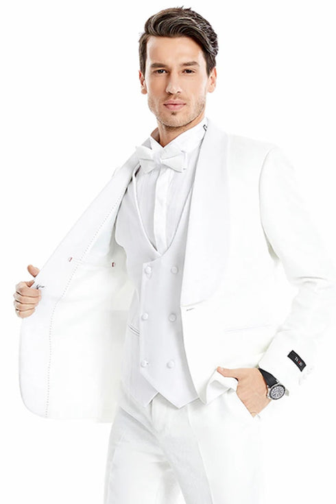 All White Mens Tuxedo - Wedding Suit - Men's One Button Vested Wide Shawl Lapel Lace Style Paisley Prom & Wedding Tuxedo In White White Prom Tuxedos