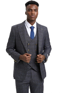 Men's Stacy Adams Peak Lapel Suit with Double Breasted Vest in Charcoal Grey Windowpane Plaid