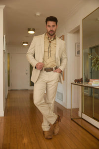 Mens Western Beige Suit with Elbow Patches – Classic Smart Casual Style