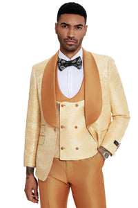 Mens Slim Fit Vested Wedding Prom Shawl Lapel Paisley Tuxedo in Gold