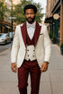 Hilton White and Burgundy Paisley Peak Lapel Tuxedo Jacket with Matching Shawl Vest and Wool Pants – Includes Bow Tie