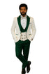 Hilton White and Hunter Green Paisley Peak Lapel Tuxedo Jacket with Matching Shawl Vest and Wool Pants – Includes Bow Tie