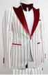 Mens White and Burgundy Pinstripe Tuxedo with Velvet Shawl Lapel and Matching Bow Tie