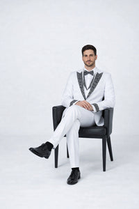 Men’s White Peak Lapel Tuxedo Set with Stones – 4 Pieces