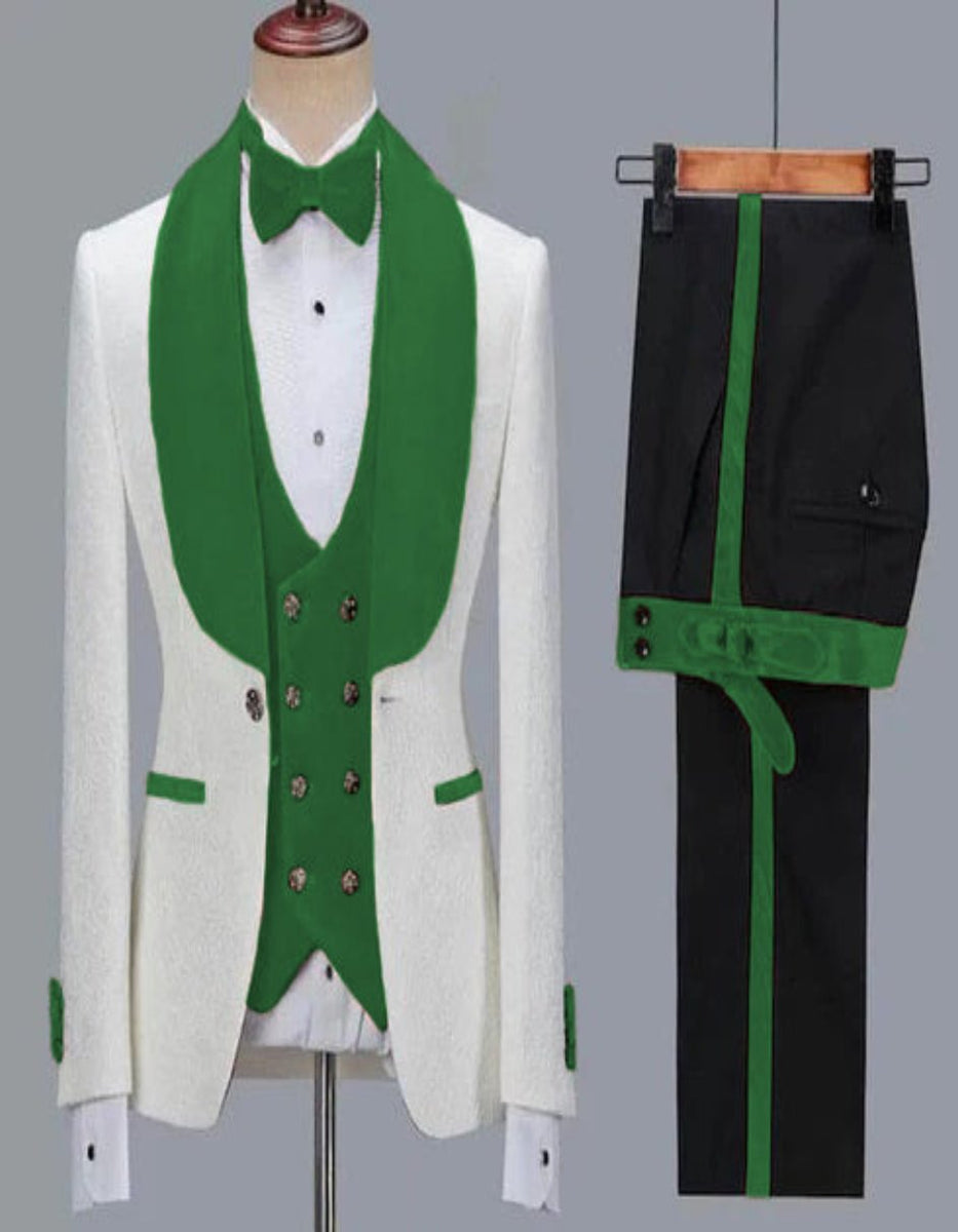 White and Hunter Green Tuxedo Vested Suit - Wedding Tuxedo main image 0