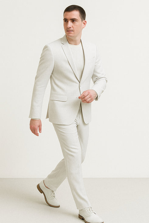 Mens Two Piece Linen Suit Relaxed Hybrid Fit No Collar