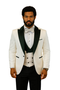 Hilton White and Black Paisley Peak Lapel Tuxedo Jacket with Matching Shawl Vest and Wool Pants – Includes Bow Tie