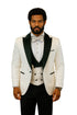 Hilton White and Black Paisley Peak Lapel Tuxedo Jacket with Matching Shawl Vest and Wool Pants – Includes Bow Tie