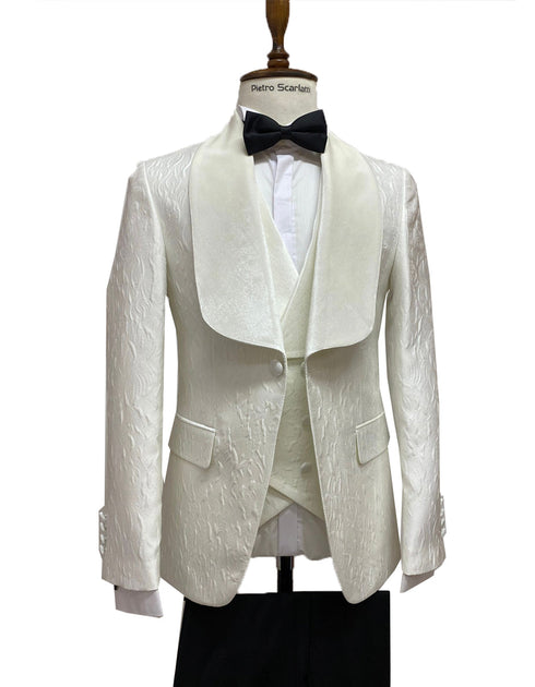 Mens Vested Designer Wide Ivory Square Shawl Tuxedo in Ivory Paisley