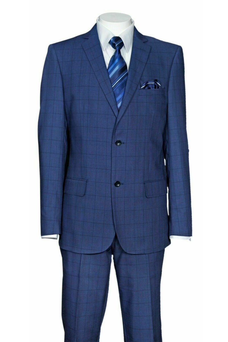 Men's Designer Wool Two Button Vested Modern Fit Plaid Suit in Indio Blue