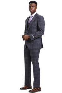 Men's Stacy Adams One Button Peak Lapel Double Breasted Vest Suit in Charcoal Grey Plaid