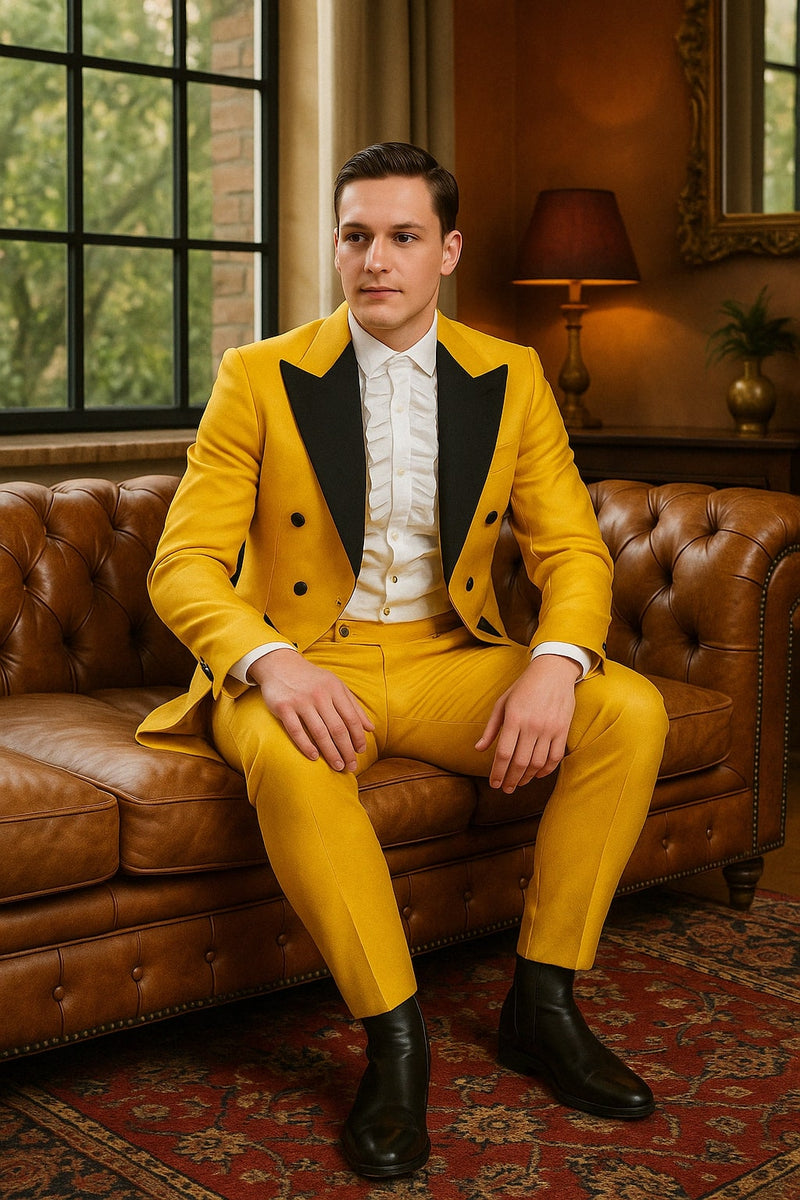 Mens Yellow Tailcoat Tuxedo with Black Lapel and Brocade Detailing