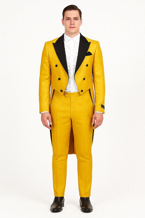 Mens Yellow Tailcoat Tuxedo with Black Lapel and Brocade Detailing – Formal Vintage Style Suit