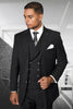 Men's Designer Wool Flat Front Pant Vested Suit in Bold Black Gangster Pinstripe