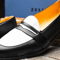 Zelli Alba Calfskin Spectator Penny Loafers in Black and White