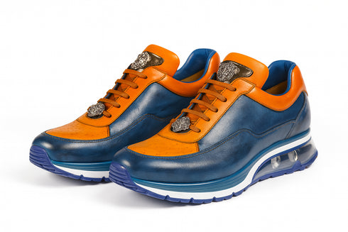 Belvedere Flash Men's Shoes Blue Safari & Almond Exotic Ostrich / Calf-skin Leather Casual Sneakers