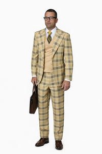 Statement Men’s 3-Piece Plaid Wool Suit – 100% Wool Modern Fit with Wide Peak Lapel