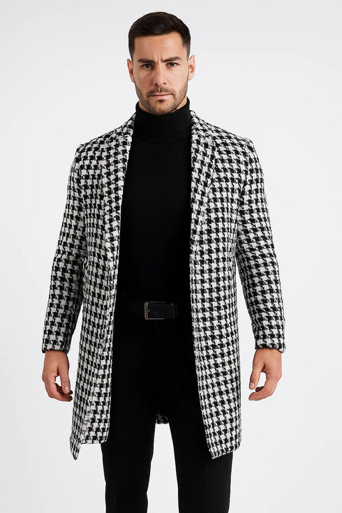Mens Plaid White and Black Overcoat - Hounstooth Checker Pattern Topcoat