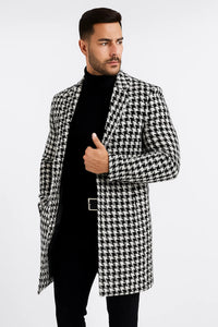 Mens Plaid White and Black Overcoat - Hounstooth Checker Pattern Topcoat