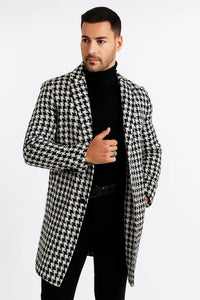 Mens Plaid White and Black Overcoat - Hounstooth Checker Pattern Topcoat