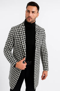 Mens Plaid White and Black Overcoat - Hounstooth Checker Pattern Topcoat