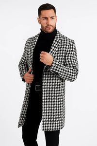 Mens Plaid White and Black Overcoat - Hounstooth Checker Pattern Topcoat