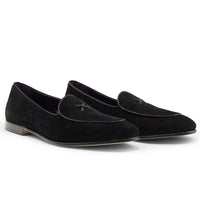 Zelli Hand-Stitched Sueded Goatskin Loafer with Crocodile Vamp in Black