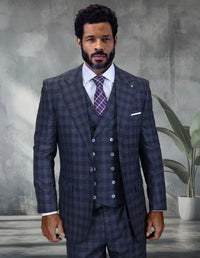 Statement Men's 3 Piece Big and Tall 100% Wool Wide Leg Suit- Windowpane Plaid