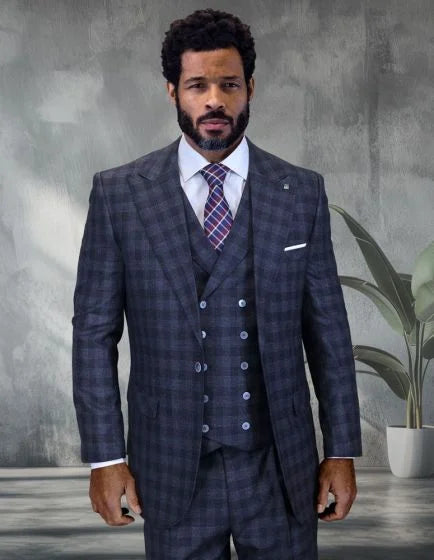 Statement Men's 3 Piece Big and Tall 100% Wool Wide Leg Suit- Windowpane Plaid