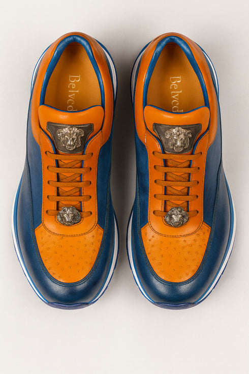 Belvedere Flash Men's Shoes Blue Safari & Almond Exotic Ostrich / Calf-skin Leather Casual Sneakers