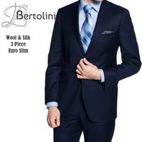 Bertolini 3 Piece Wool/Silk Solid Navy Suit