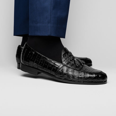 Marco Di Milano Bianchi Black Caiman Crocodile Tassel Loafers