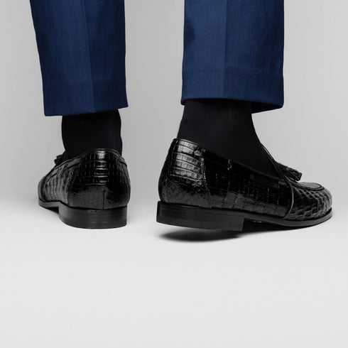Marco Di Milano Bianchi Black Caiman Crocodile Tassel Loafers