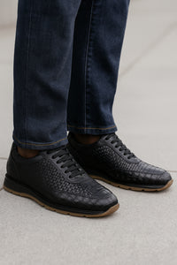 Marco Di Milano Roma Men's Shoes Black Genuine Caiman Crocodile / Woven Leather Fashion Sneakers