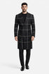 Black Plaid Overcoat - Wool Topcoat With WindowPane Pattern Double Breasted Style