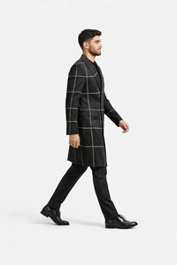 Black Plaid Overcoat - Wool Topcoat With WindowPane Pattern Double Breasted Style