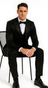 Black Satin Skinny Fit Tazzio Men's Double Breasted 3 Piece Suit with Peak Lapel and Bowtie