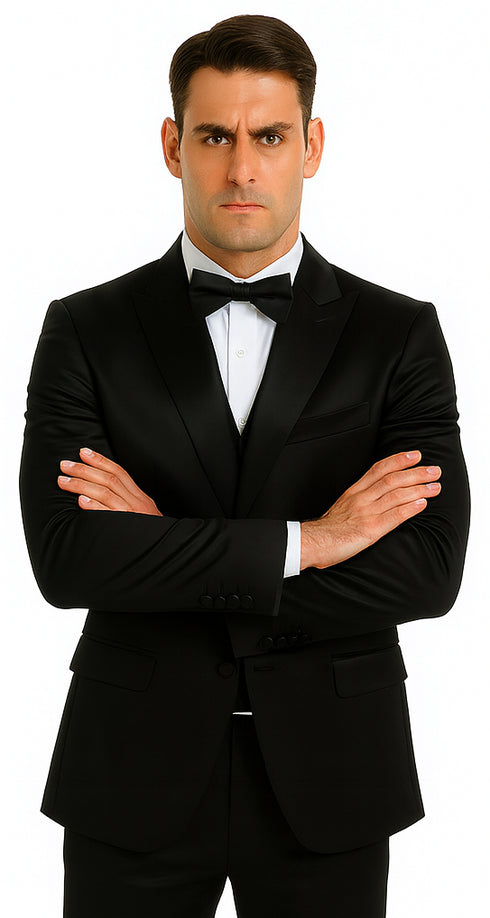 Black Satin Skinny Fit Tazzio Men's Double Breasted 3 Piece Suit with Peak Lapel and Bowtie