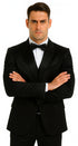 Black Satin Skinny Fit Tazzio Men's Double Breasted 3 Piece Suit with Peak Lapel and Bowtie