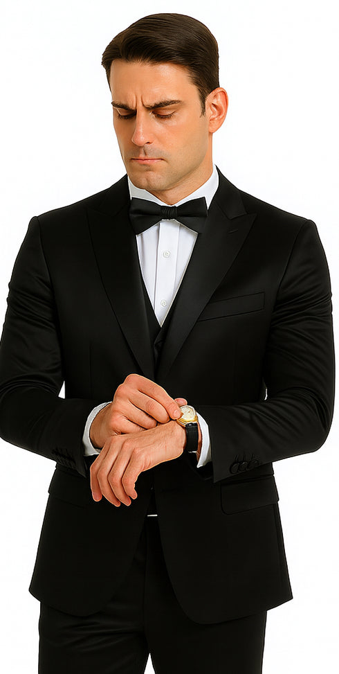 Black Satin Skinny Fit Tazzio Men's Double Breasted 3 Piece Suit with Peak Lapel and Bowtie