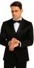 Black Satin Skinny Fit Tazzio Men's Double Breasted 3 Piece Suit with Peak Lapel and Bowtie