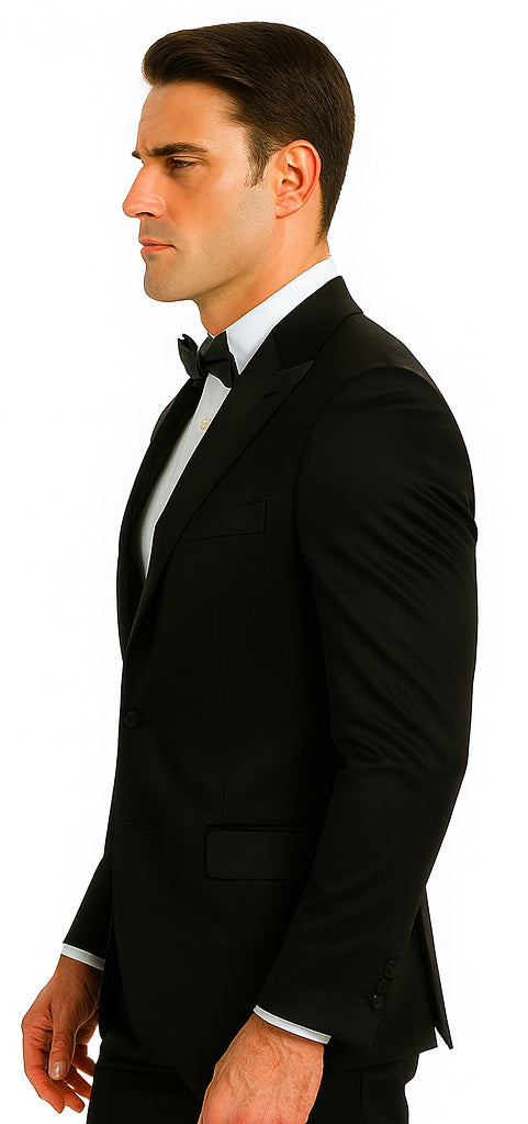Black Satin Skinny Fit Tazzio Men's Double Breasted 3 Piece Suit with Peak Lapel and Bowtie