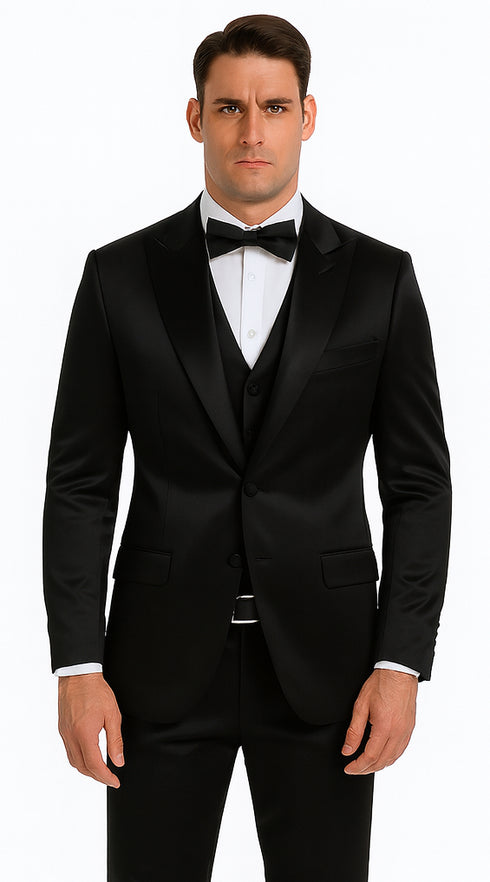 Black Satin Skinny Fit Tazzio Men's Double Breasted 3 Piece Suit with Peak Lapel and Bowtie